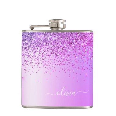 Purple Glitter Monogram Name Luxury Girly Flask