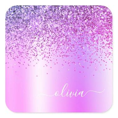 Purple Glitter Monogram Name Luxury Girly Square Sticker