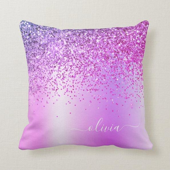 Purple Glitter Monogram Name Luxury Girly Throw Pillow