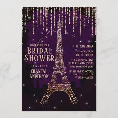 Purple Glitter Paris Eiffel Tower Bridal Shower Invitations