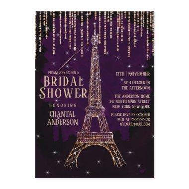 Purple Glitter Paris Eiffel Tower Bridal Shower Invitations