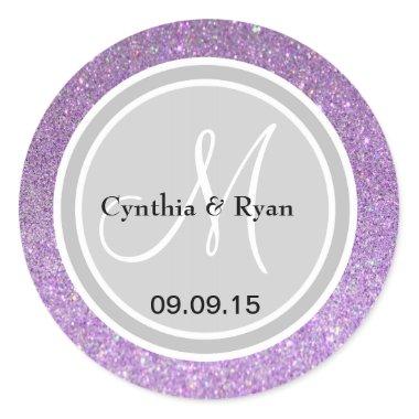 Purple Glitter & Silver Wedding Monogram Label