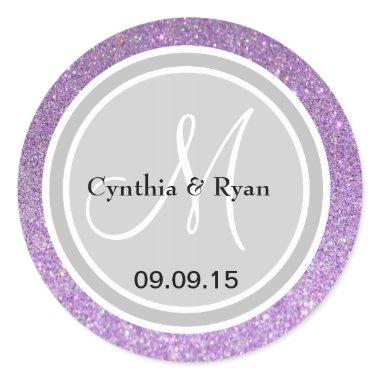 Purple Glitter & Silver Wedding Monogram Label