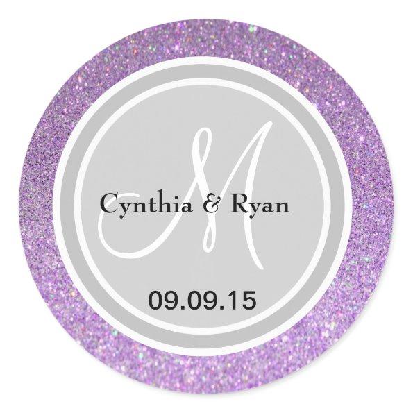 Purple Glitter & Silver Wedding Monogram Label