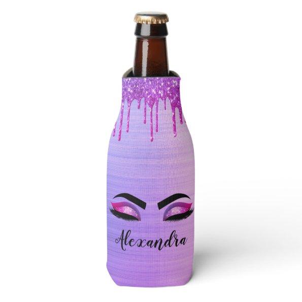 Purple Glitter Sparkle Eyelashes Monogram Name Bottle Cooler