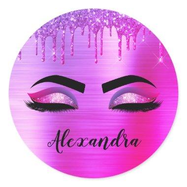 Purple Glitter Sparkle Eyelashes Monogram Name Classic Round Sticker