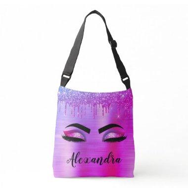Purple Glitter Sparkle Eyelashes Monogram Name Crossbody Bag