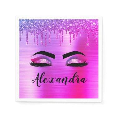 Purple Glitter Sparkle Eyelashes Monogram Name Napkins
