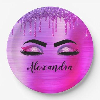 Purple Glitter Sparkle Eyelashes Monogram Name Paper Plates