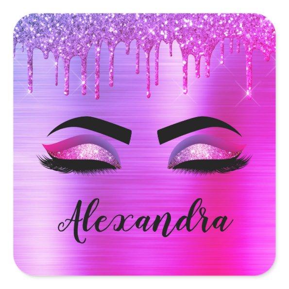 Purple Glitter Sparkle Eyelashes Monogram Name Square Sticker