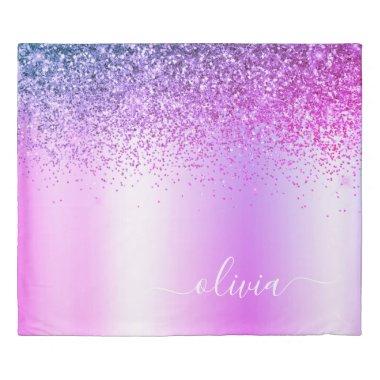Purple Glitter Sparkle Metal Monogram Name Duvet Cover