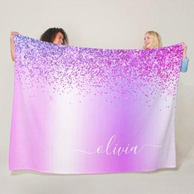 Purple Glitter Sparkle Metal Monogram Name Fleece Blanket