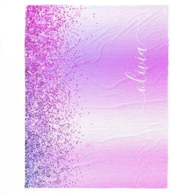 Purple Glitter Sparkle Metal Monogram Name Fleece Blanket