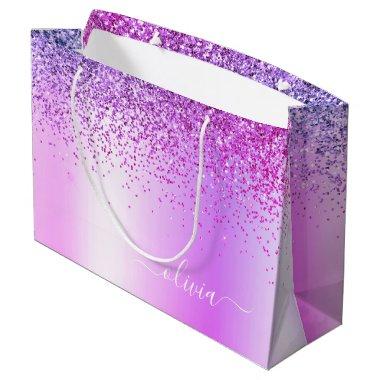 Purple Glitter Sparkle Metal Monogram Name Large Gift Bag