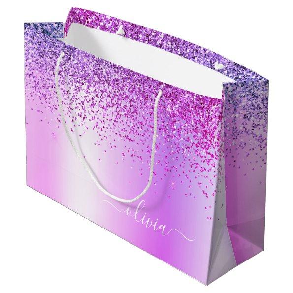 Purple Glitter Sparkle Metal Monogram Name Large Gift Bag