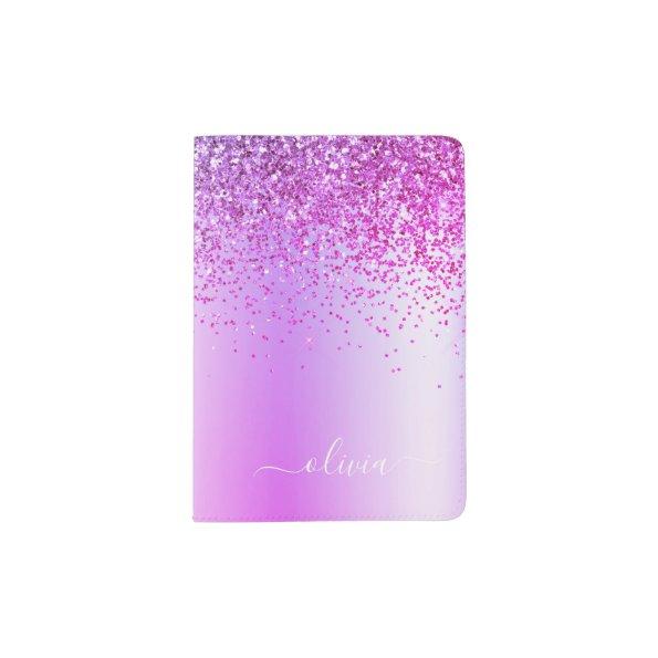 Purple Glitter Sparkle Metal Monogram Name Passport Holder
