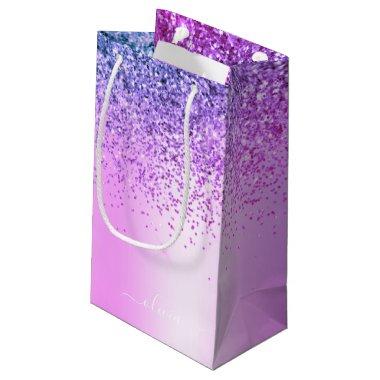 Purple Glitter Sparkle Metal Monogram Name Small Gift Bag