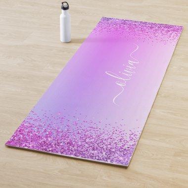 Purple Glitter Sparkle Metal Monogram Name Yoga Mat