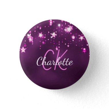 Purple glitter stars custom monogram pink button