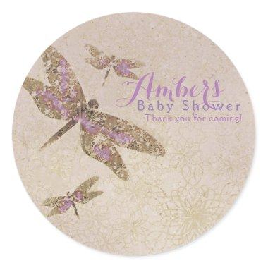 Purple & Gold Dragonflies Dragonfly Party Favor Classic Round Sticker