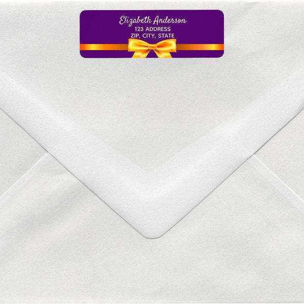 Purple gold elegant bow return address label