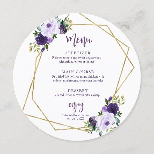 Purple Gold Floral Bridal Shower Round Menu Invitations