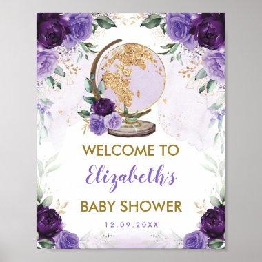 Purple Gold Floral Travel Adventure Baby Shower Poster