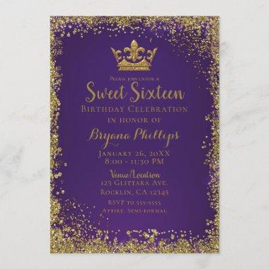 Purple & Gold Glitter Crown Sweet 16 Party Invitations