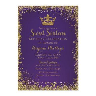 Purple & Gold Glitter Crown Sweet 16 Party Invitations