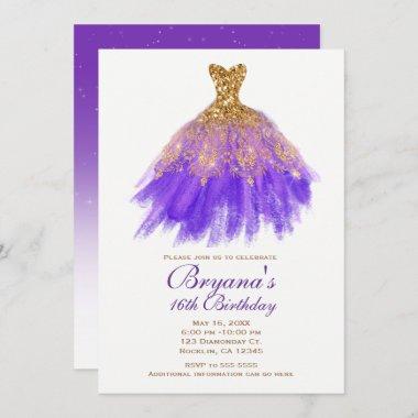 Purple & Gold Glitter Glam Dress Sweet 16 Party Invitations