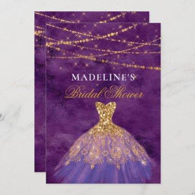 Purple/Gold Glitter Gown Bridal Shower Invitations