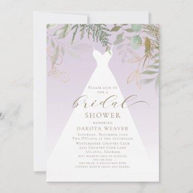 Purple Gold Greenery Wedding Dress Bridal Shower Invitations
