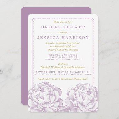 Purple & Gold Pretty Peony Floral Bridal Shower Invitations