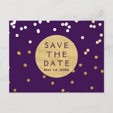 Purple & Gold Shiny Confetti Dots Save The Date Announcement PostInvitations