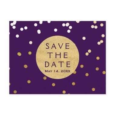 Purple & Gold Shiny Confetti Dots Save The Date Announcement PostInvitations