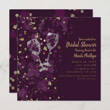 Purple & Gold Splatter Red Wine Modern Party Invitations