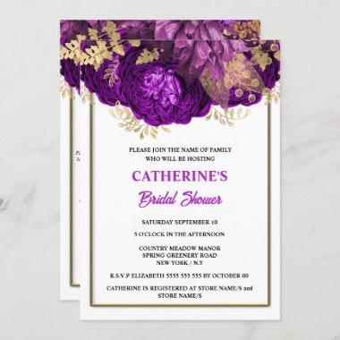 Purple gold white rose watercolor bridal shower Invitations