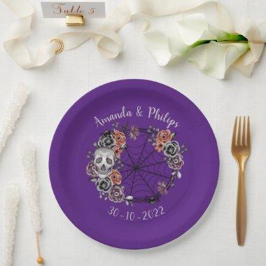 Purple Gothic Skull Roses Wreath Halloween Wedding Paper Plates