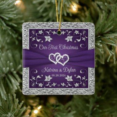 Purple, Gray Love Hearts Wedding 1st Christmas Ceramic Ornament