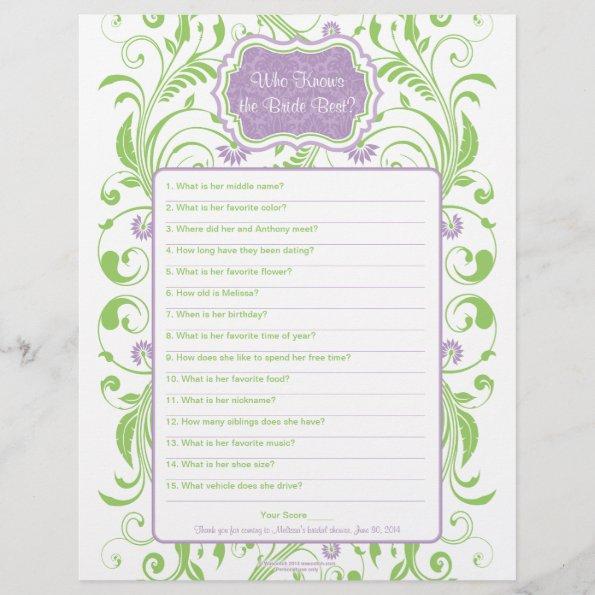 Purple Green Floral Bride Best Bridal Shower Game