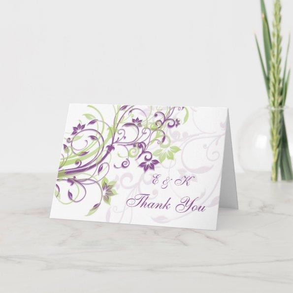 Purple green floral swirls Wedding Thank You Invitations