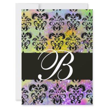 PURPLE GREEN YELLOW BLACK DAMASK MONOGRAM , white Invitations