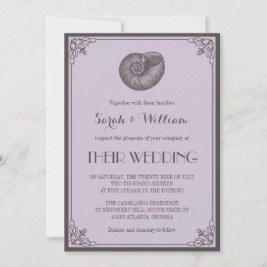 Purple Grey Seashell Nautical Wedding Invitations