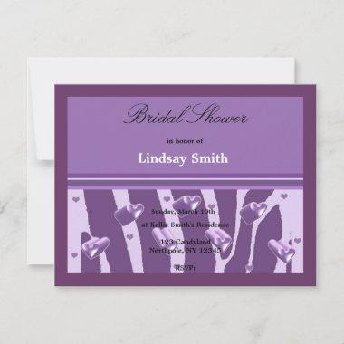 Purple Hearts and Zebra Print Bridal Shower Invitations