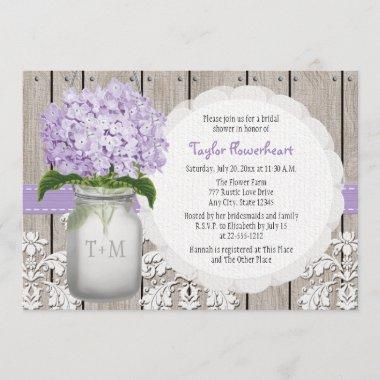 Purple Hydrangea Monogram Mason Jar Bridal Shower Invitations
