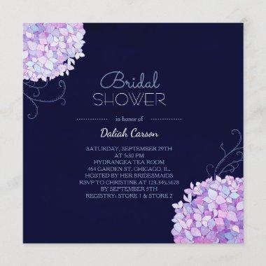 Purple Hydrangea Navy Blue Bridal Shower Invitations