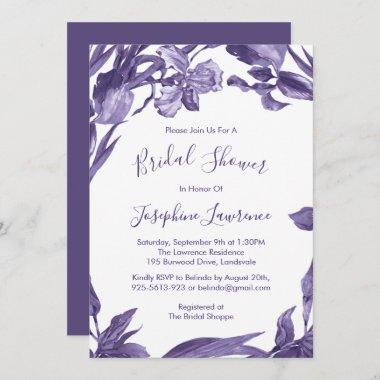 Purple Iris Watercolor Flowers Bridal Shower Invitations