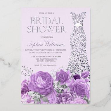 Purple Lavender Floral Bridal Shower Silver Gown Foil Invitations
