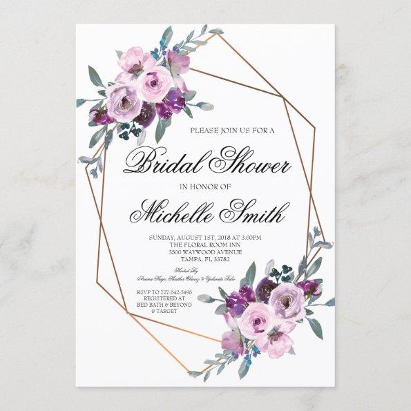 Purple Lavender Floral Geometric Bridal Shower Invitations