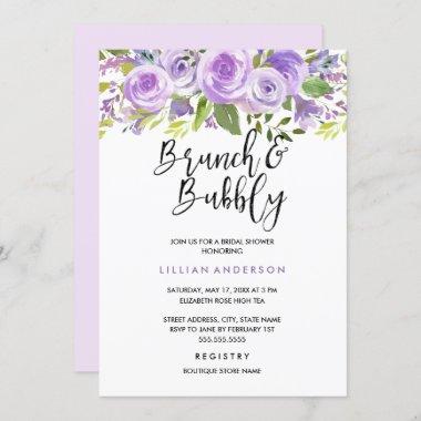 Purple Lavender Floral Rose Brunch And Bubbly Invitations